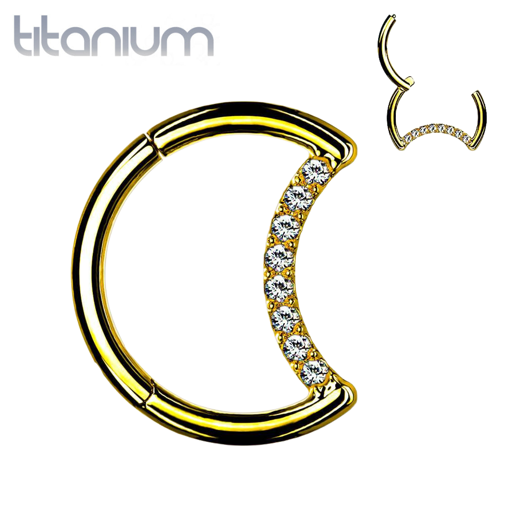 Implant Grade Titanium Crescent Moon Gold PVD White CZ Hinged Clicker Hoop Daith Cartilage Ring