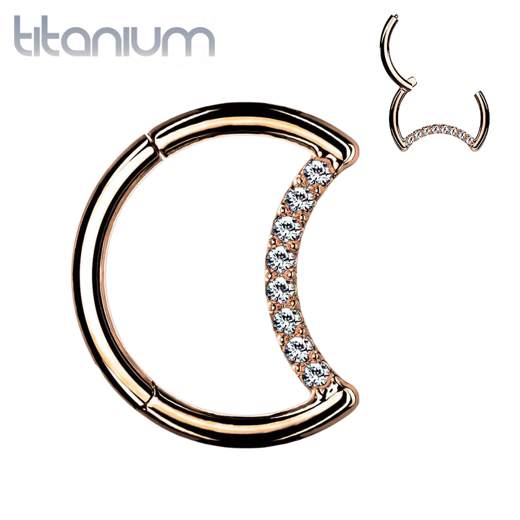 Implant Grade Titanium Crescent Moon Rose Gold PVD White CZ Hinged Clicker Hoop Daith Cartilage Ring