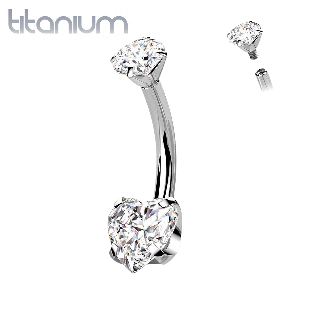 Implant Grade Titanium Internally Threaded White Heart CZ Belly Ring