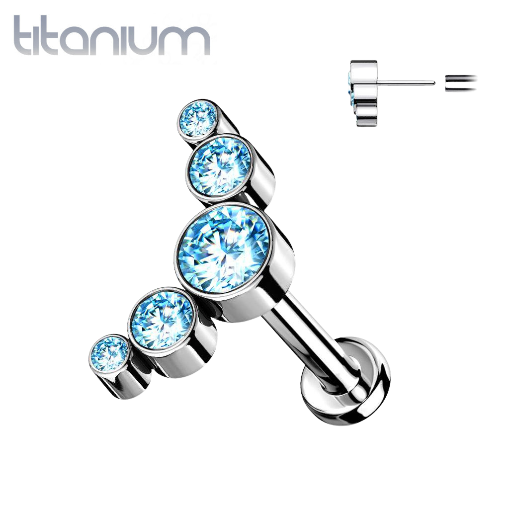 Implant Grade Titanium Threadless Push In Cartilage 5 Gem Curved Aqua CZ Gems With Flat Back