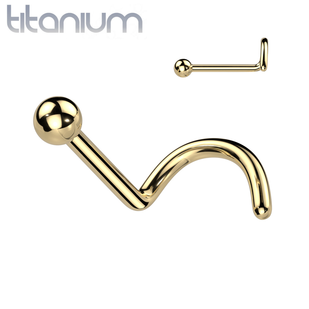 Implant Grade Titanium Gold PVD Ball Top Corkscrew Nose Stud Ring