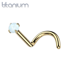 Implant Grade Titanium Gold PVD Corkscrew White Opal Nose Ring Stud