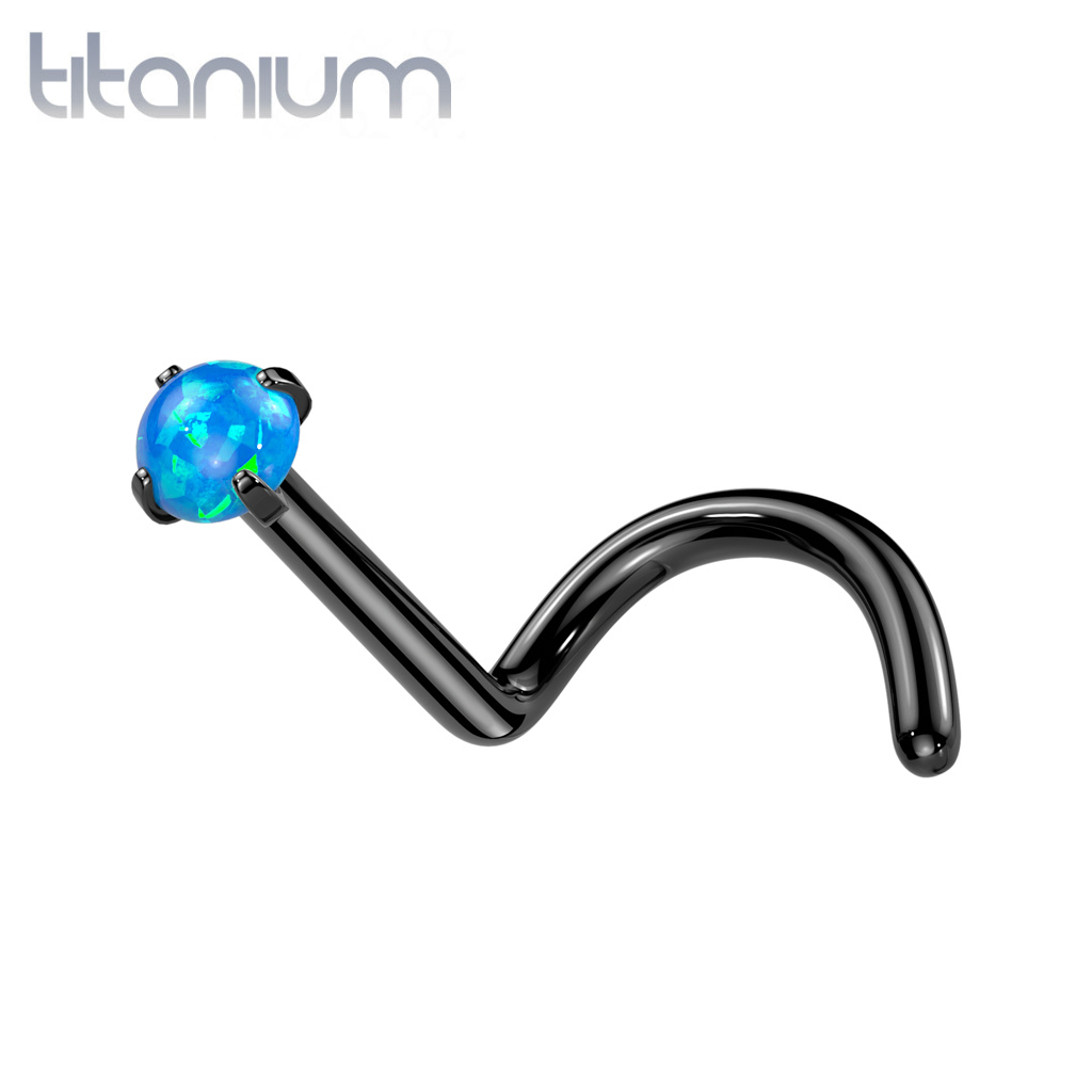 Implant Grade Titanium Black PVD Corkscrew Blue Opal Nose Ring Stud