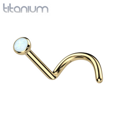Implant Grade Titanium Gold PVD Corkscrew Nose Ring with White Opal
