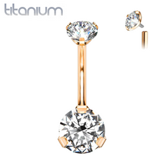 Implant Grade Titanium Internally Threaded Rose Gold PVD White CZ Prong Belly Button Navel Ring