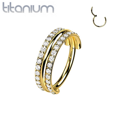 Implant Grade Titanium Gold PVD White CZ Double Line Plain Center Hinged Clicker Hoop