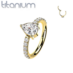 Implant Grade Titanium Gold PVD White CZ With Pear Shaped Center Hinged Clicker Hoop