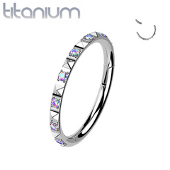 Implant Grade Titanium Ridged With Aurora Borealis CZ Gems Hinged Hoop Clicker Ring