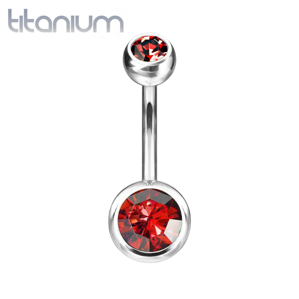 Implant Grade Titanium Double Ball Red CZ Gem Belly Ring