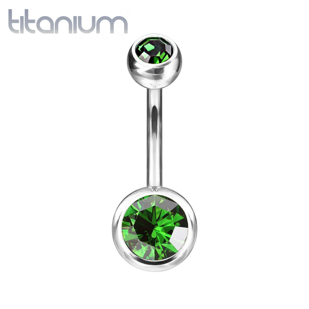 Implant Grade Titanium Double Ball Green CZ Gem Belly Ring