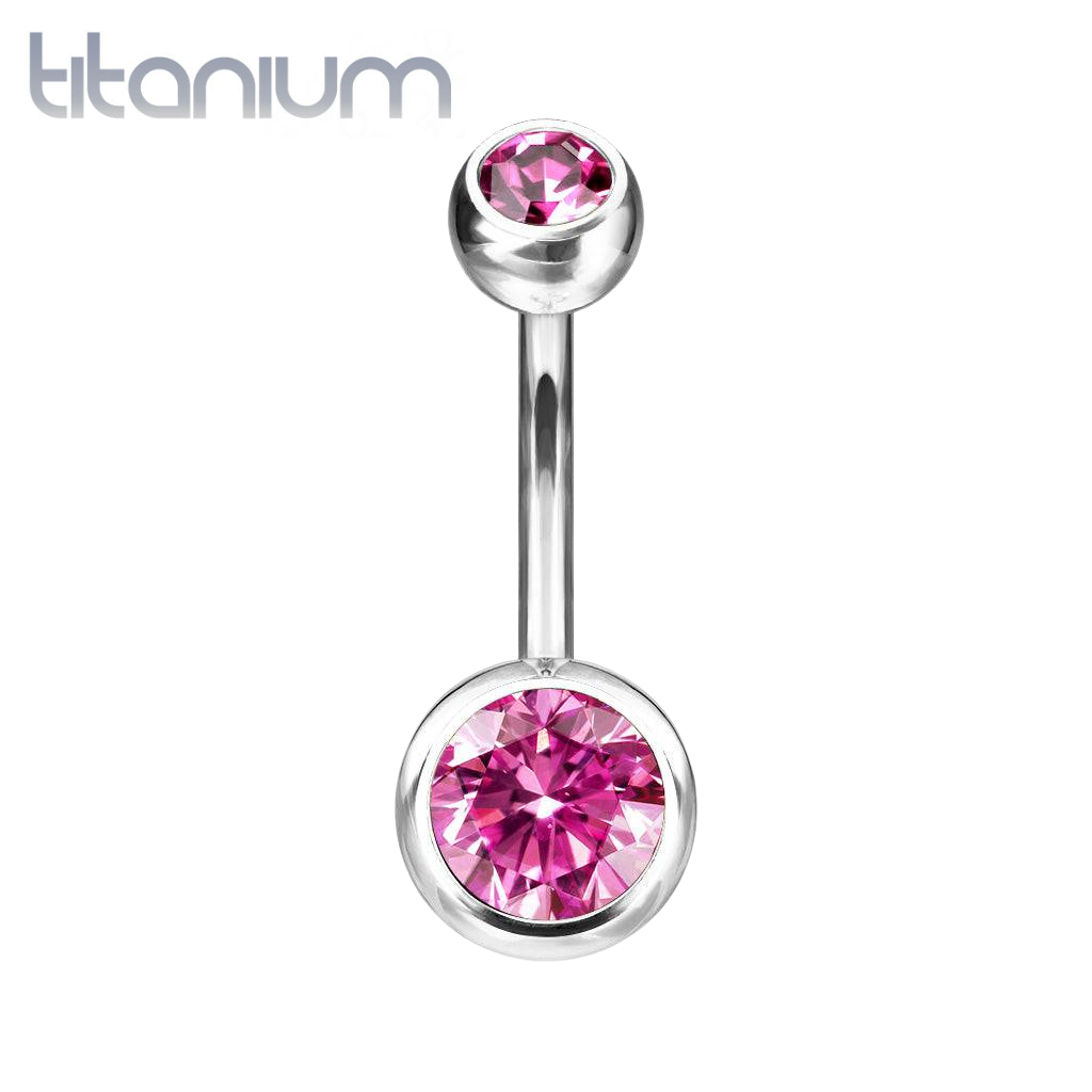 Implant Grade Titanium Double Ball Pink CZ Gem Belly Ring