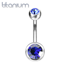 Implant Grade Titanium Double Ball Blue CZ Gem Belly Ring