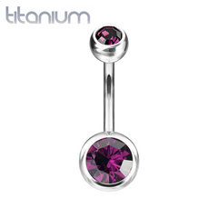 Implant Grade Titanium Double Ball Purple CZ Gem Belly Ring