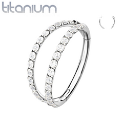 Implant Grade Titanium Pave White CZ Double Hoop Hinged Hoop Ring Clicker