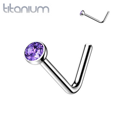 Implant Grade Titanium L-Shape Purple CZ Nose Ring Stud