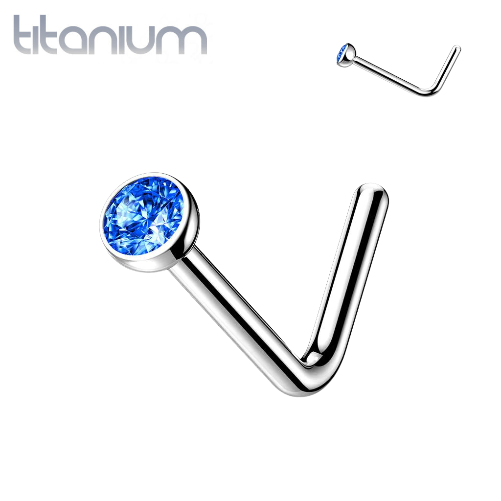 Implant Grade Titanium L-Shape Blue CZ Nose Ring Stud