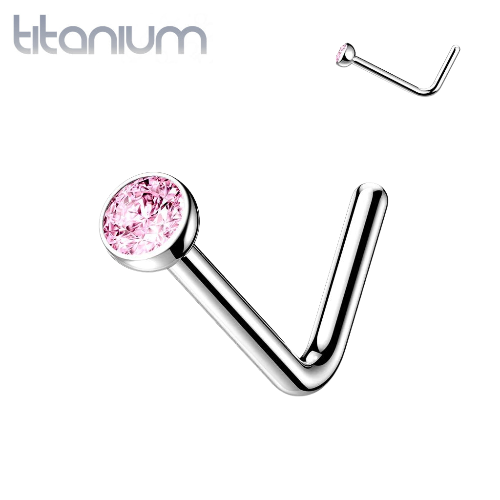 Implant Grade Titanium L-Shape Pink CZ Nose Ring Stud