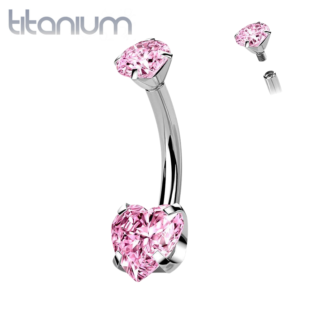 Implant Grade Titanium Internally Threaded Pink Heart CZ Belly Ring