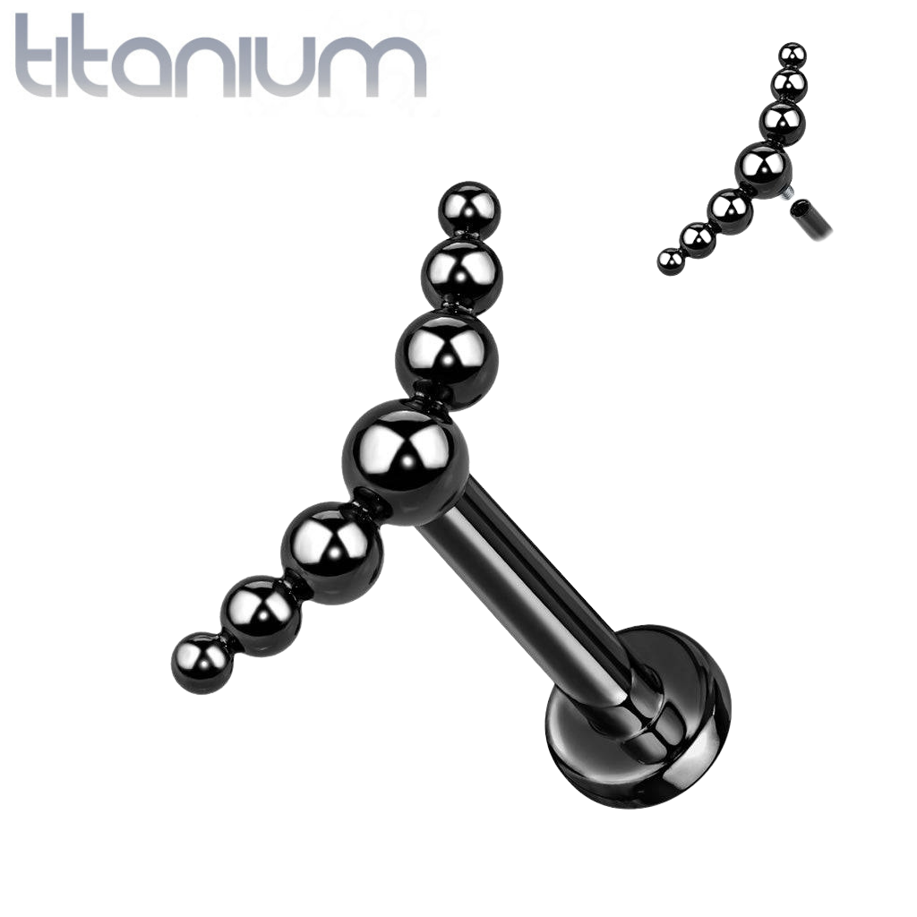 Labret aus Titan in Implantatqualität, schwarze PVD-Beschichtung, gebogene Perlen, Innengewinde, flache Rückseite