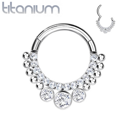 Implant Grade Titanium White CZ Beaded Hinged Septum Ring Hoop Clicker