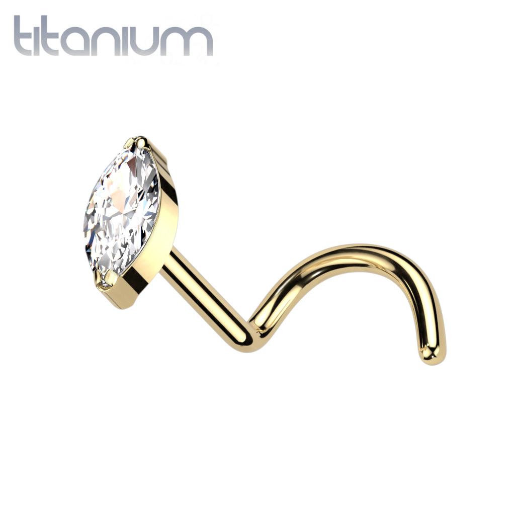 Implant Grade Titanium Gold PVD White Marquise CZ Gem Corkscrew Nose Ring Stud