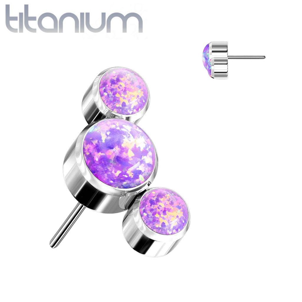Labret aus Titan in Implantatqualität, gewindelos, zum Einstecken, Knorpel, 3 Edelsteine, gebogen, violetter Opal, mit flacher Rückseite