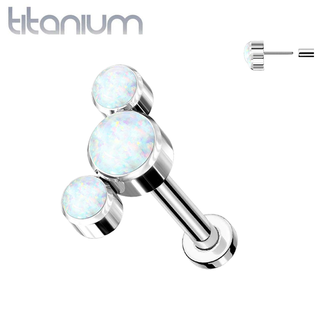 Implant Grade Titanium Threadless Push In Cartilage 3 Gem Curved White Opal Labret with Flat Back
