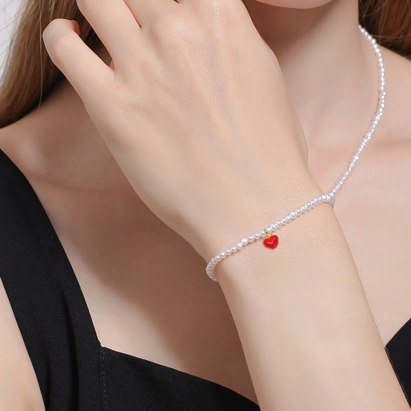 18K Red Heart Small Freshwater Pearl Enamel Bracelet-Swinging