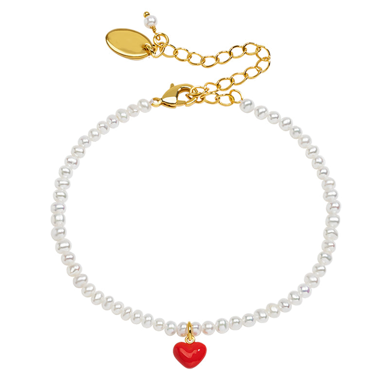 18K Red Heart Small Freshwater Pearl Enamel Bracelet-Swinging