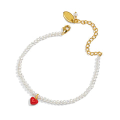 18K Red Heart Small Freshwater Pearl Enamel Bracelet-Swinging