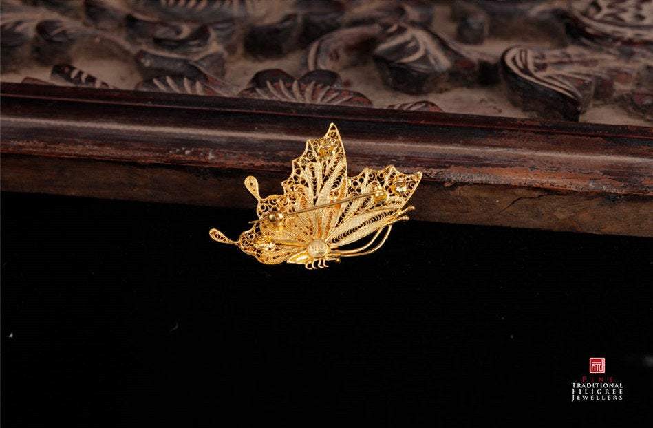 Antique 24K Gold Plated Sterling Silver Butterfly Brooch