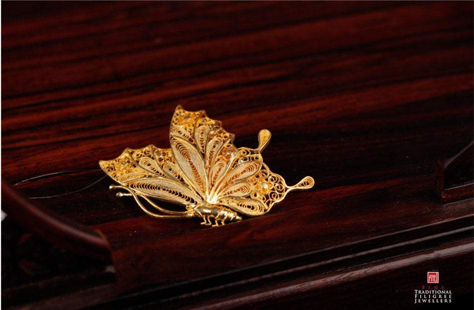 Antique 24K Gold Plated Sterling Silver Butterfly Brooch