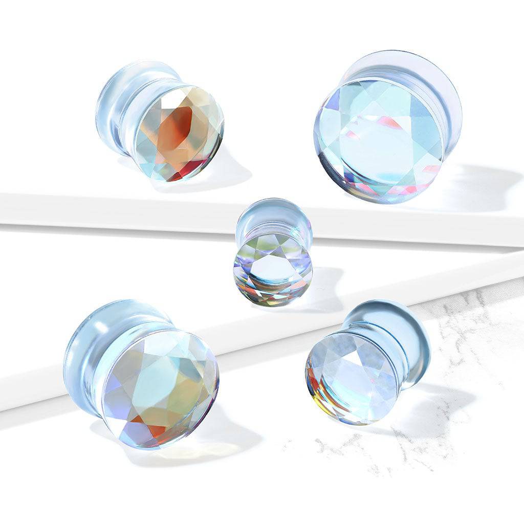 Aurora Borealis Multi Faceted Double Flared Glass Ear Plugs