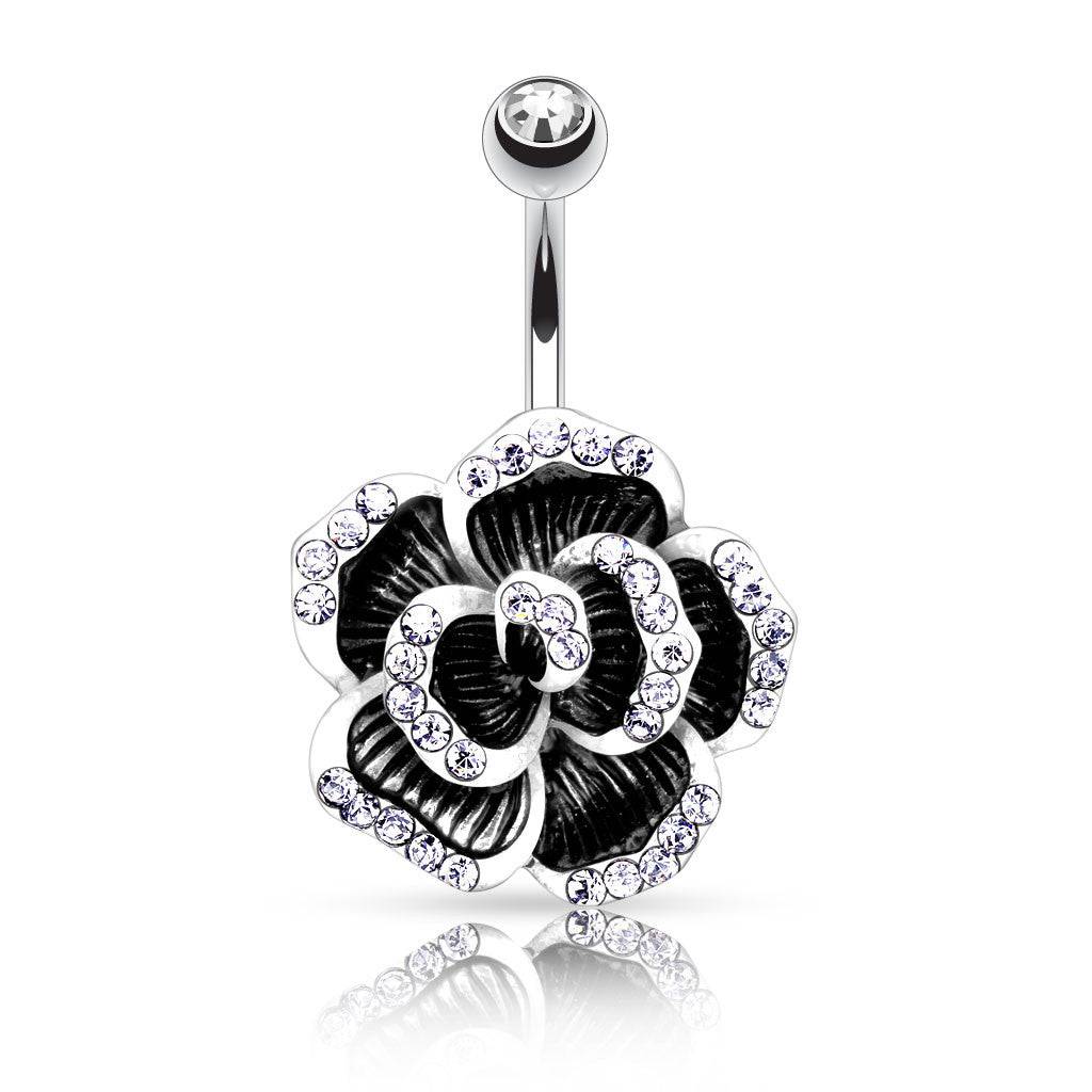 Belly Button Navel Ring with Rose Petal Flower CZ