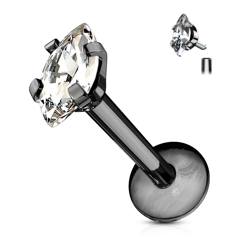 Labret aus schwarz plattiertem Chirurgenstahl im Marquise-Stil mit weißen Zirkonia und Innengewinde