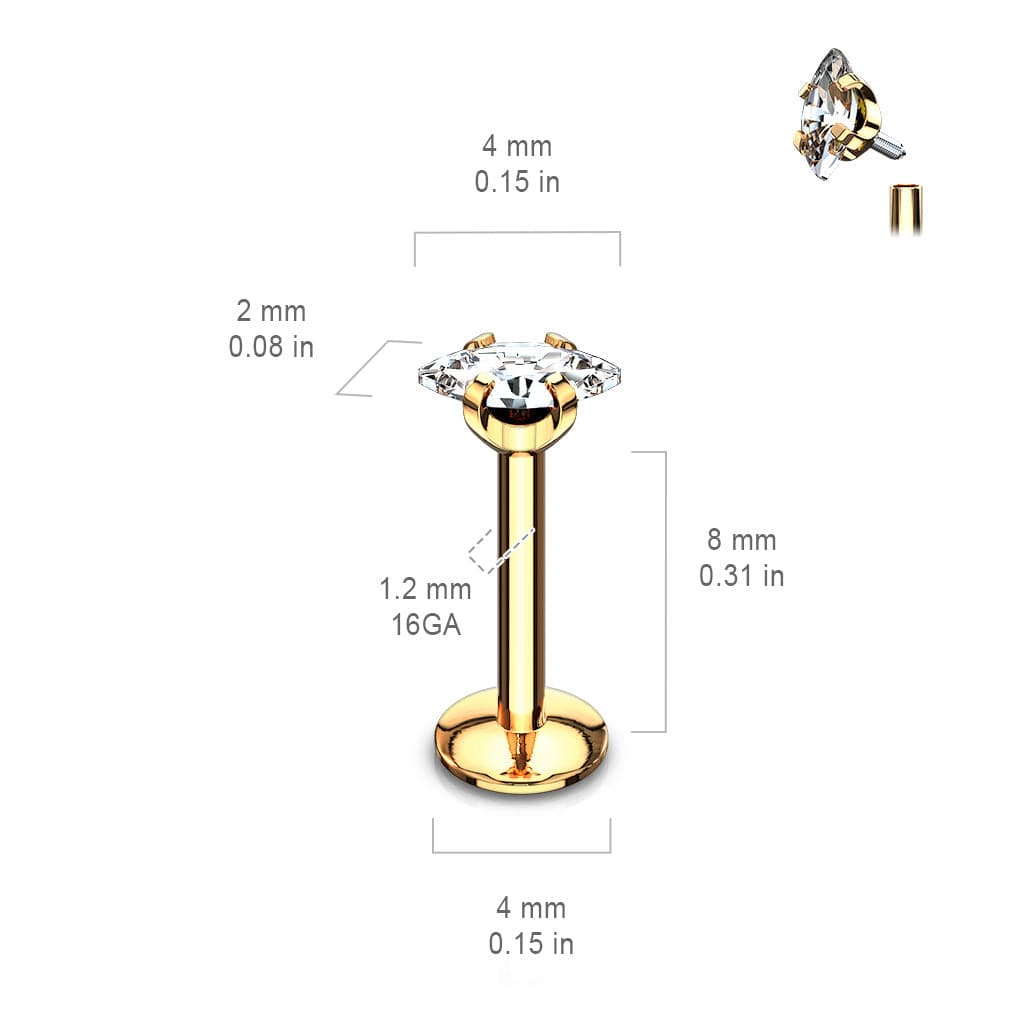 Labret aus schwarz plattiertem Chirurgenstahl im Marquise-Stil mit weißen Zirkonia und Innengewinde