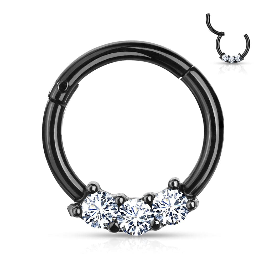 Black Surgical Steel 3 Gem White CZ Hinged Septum Ring Clicker