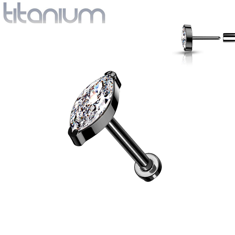 Implant Grade Titanium Black PVD Threadless Push In Labret White Marquise CZ Stud