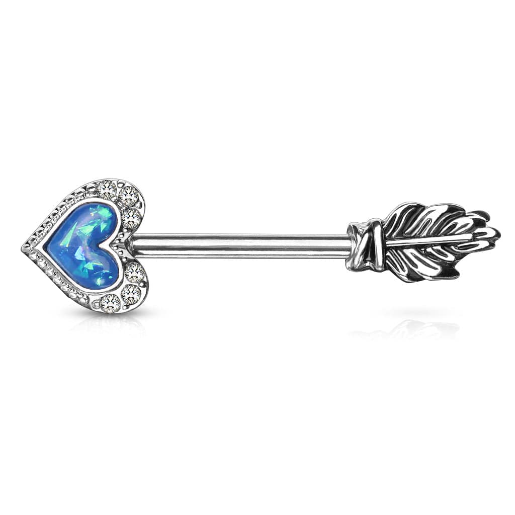 Blue Opal Heart & Feather Arrow Surgical Steel Nipple Ring Barbell