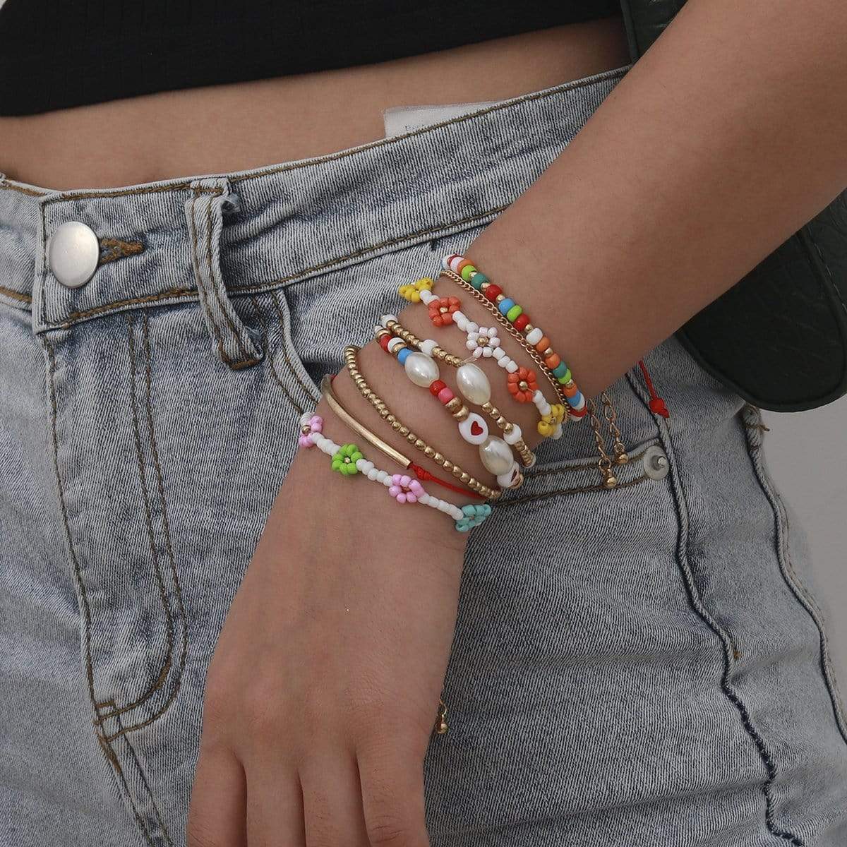 Bohemia 8 pieces Colorful Seed Beaded Pearl Chain Floral Bracelet Set