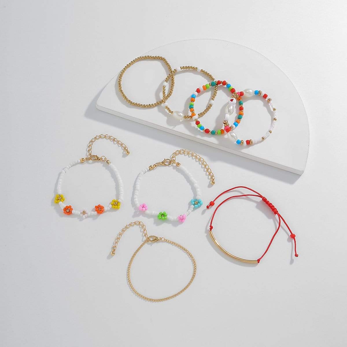 Bohemia 8 pieces Colorful Seed Beaded Pearl Chain Floral Bracelet Set