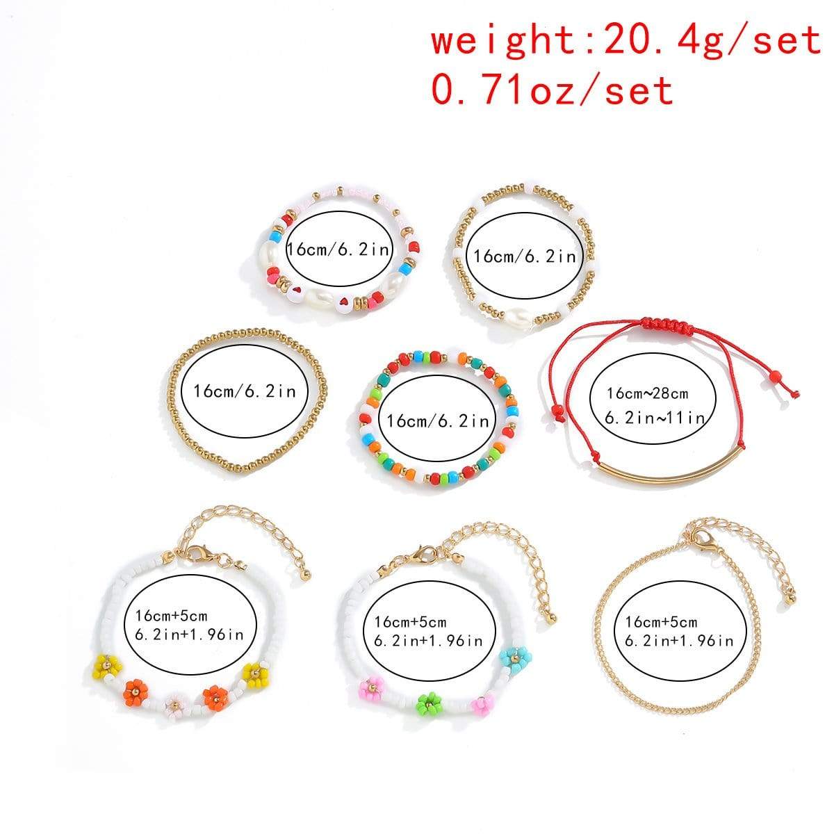 Bohemia 8 pieces Colorful Seed Beaded Pearl Chain Floral Bracelet Set