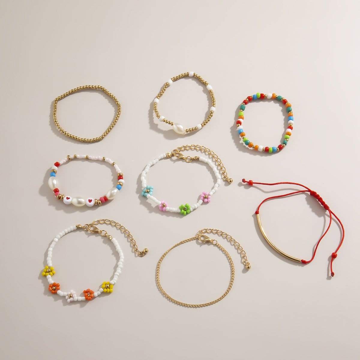 Bohemia 8 pieces Colorful Seed Beaded Pearl Chain Floral Bracelet Set