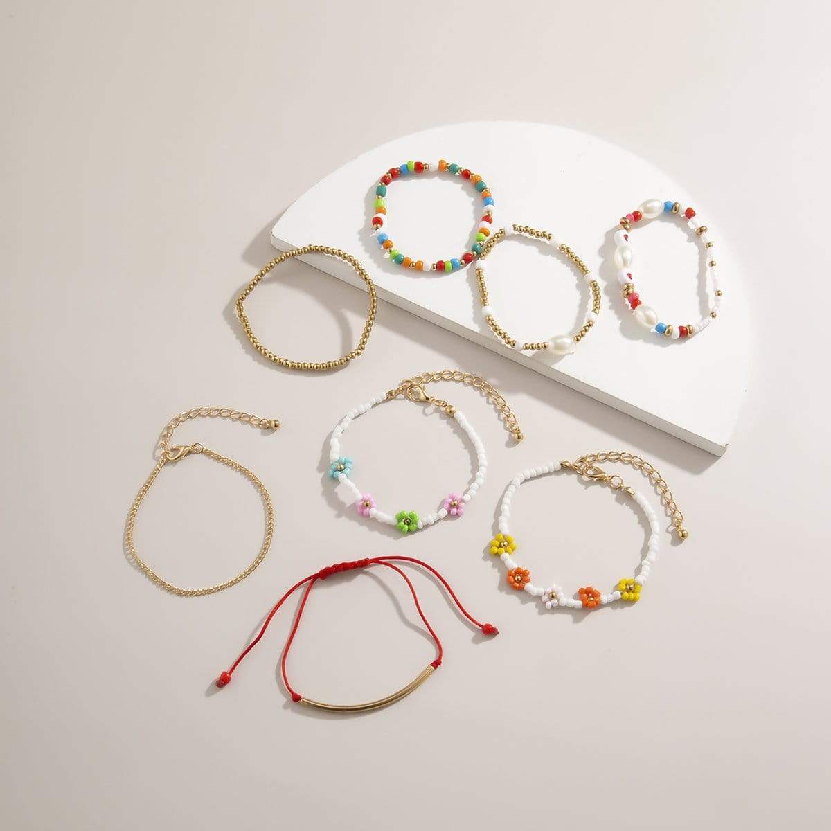 Bohemia 8 pieces Colorful Seed Beaded Pearl Chain Floral Bracelet Set