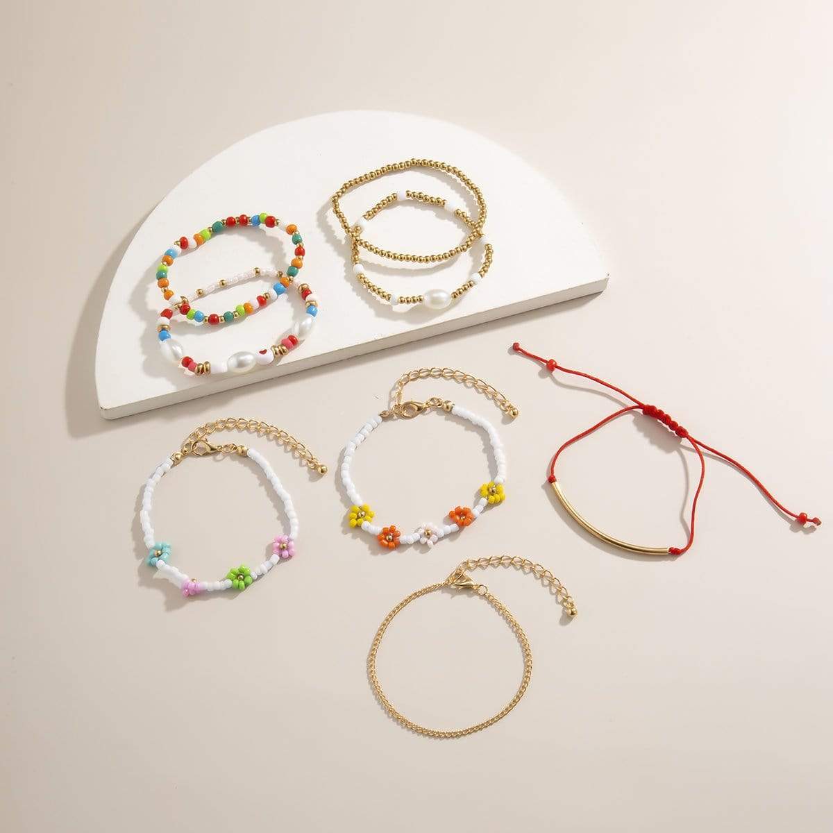 Bohemia 8 pieces Colorful Seed Beaded Pearl Chain Floral Bracelet Set