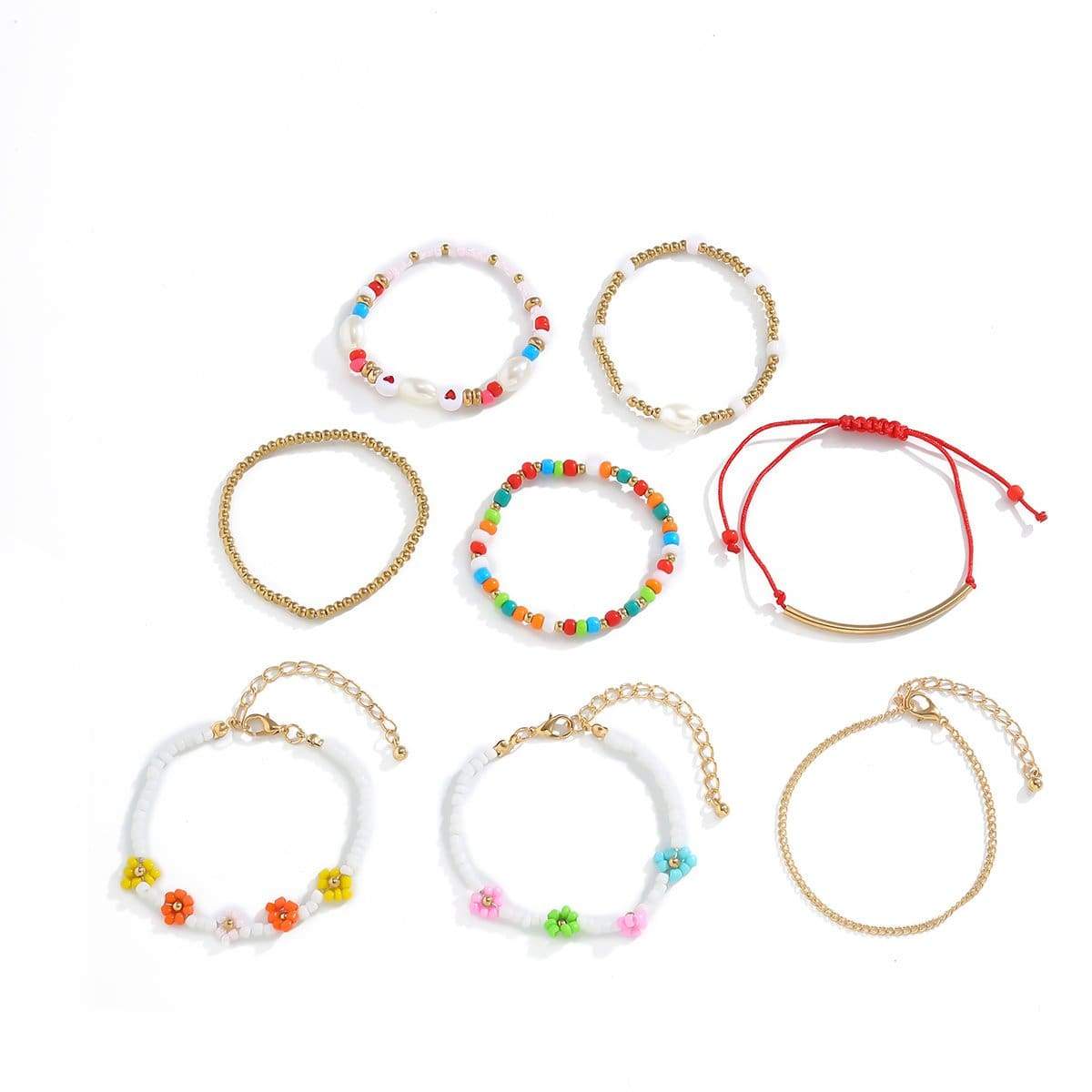 Bohemia 8 pieces Colorful Seed Beaded Pearl Chain Floral Bracelet Set