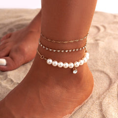 Bohemia CZ Inlaid Pearl Charm Stackable Anklet Set