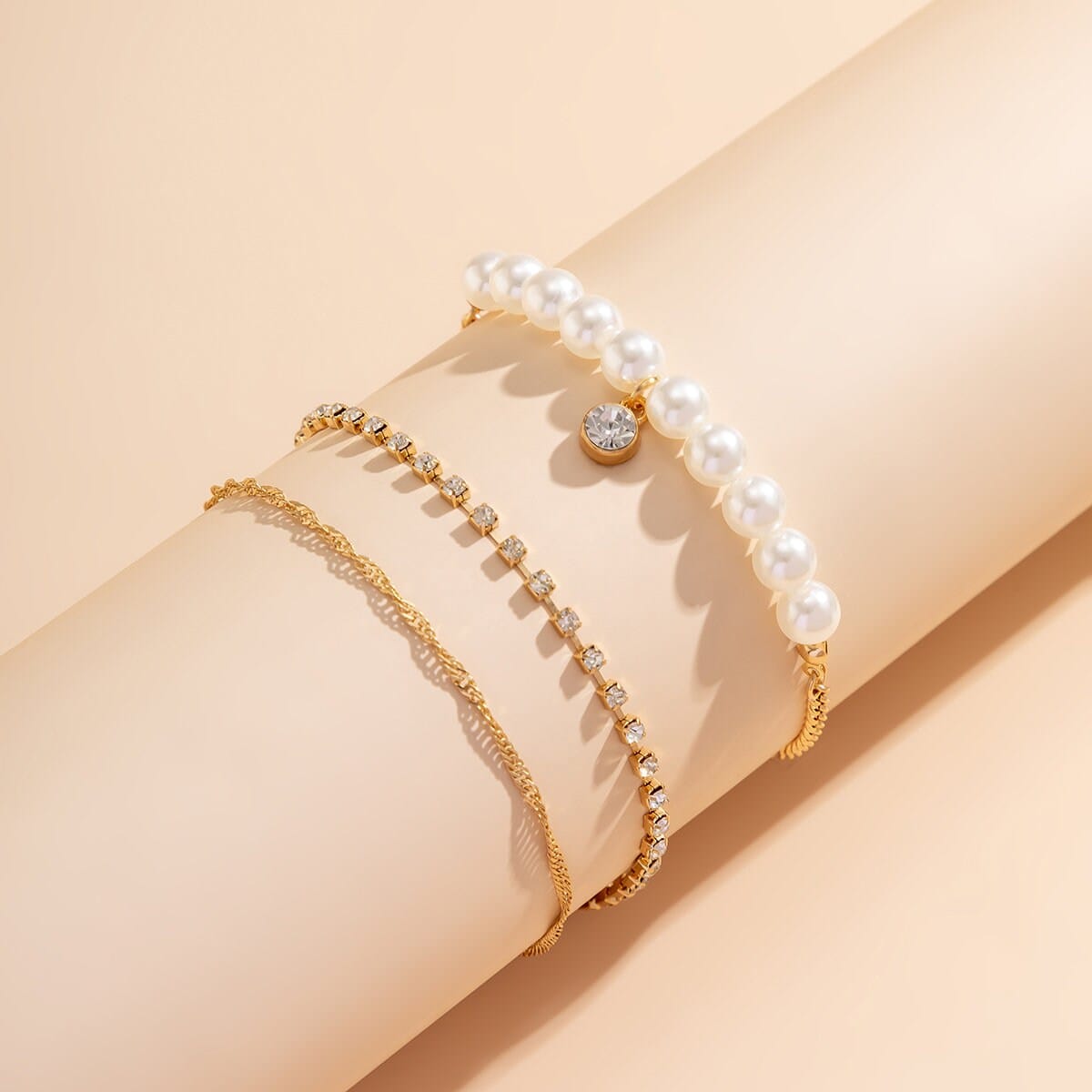 Bohemia CZ Inlaid Pearl Charm Stackable Anklet Set