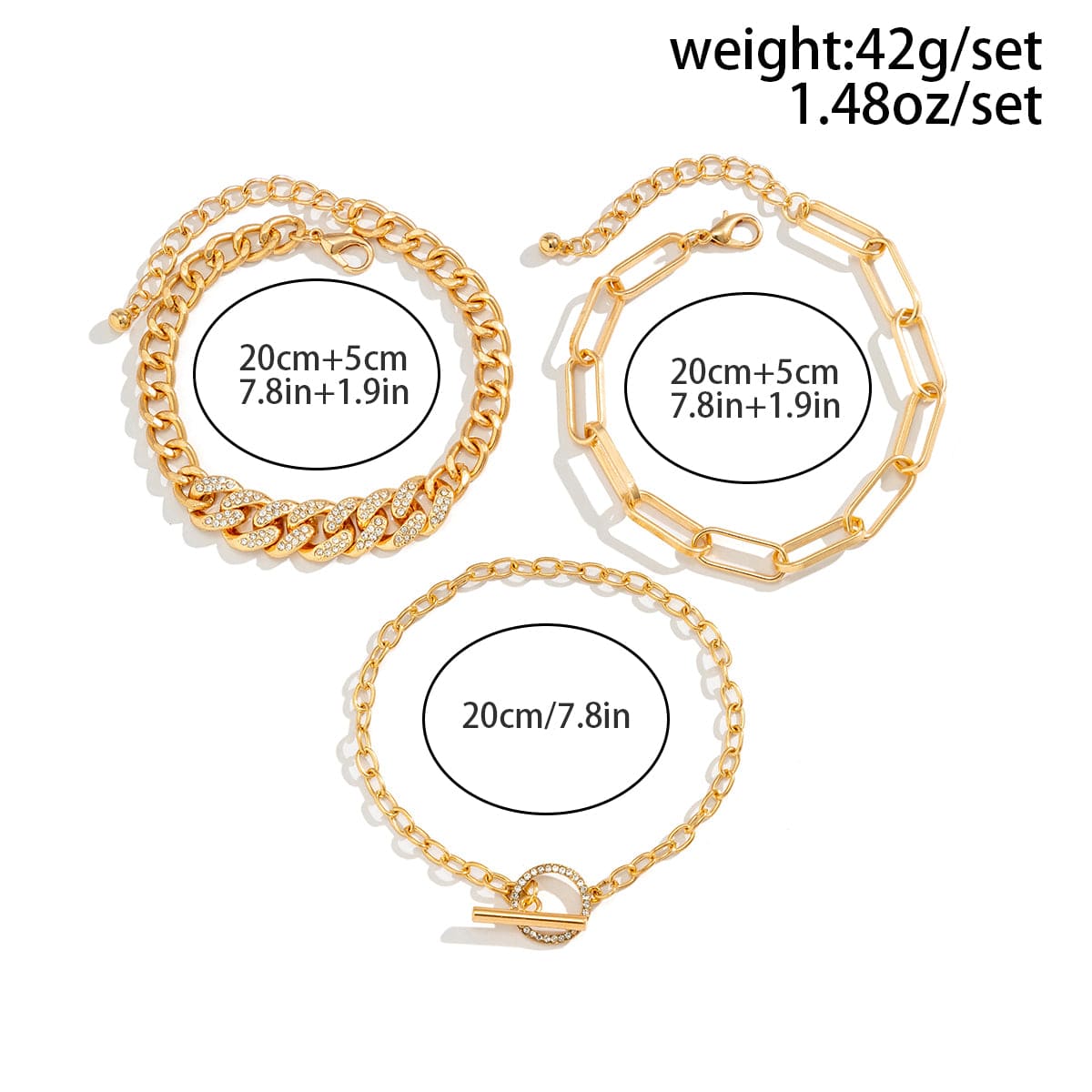 Bohemia CZ Inlaid Toggle Clasp Cable Curb Chain Stackable Anklet Set