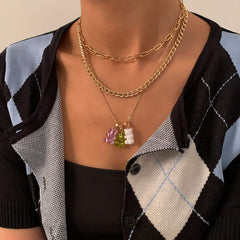 Bohemia Layered Colorful Bear Pendant Cable Curb Chain Choker Necklace Set